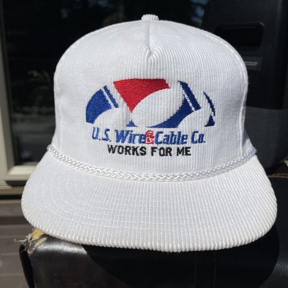 Vintage US Wire Cable Co Corduroy Strapback Rope White Trucker Hat Cap